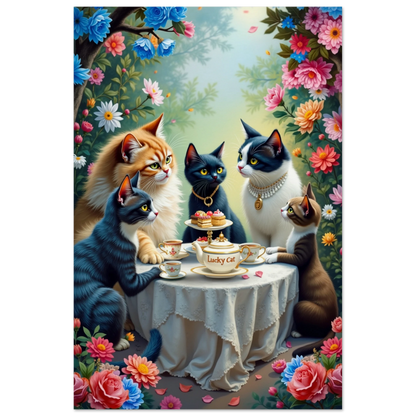 Lucky Cat Tea Party Botanical Art Print 40x60 cm 16x24″ Museum-Quality Matte Paper Poster No Frame
