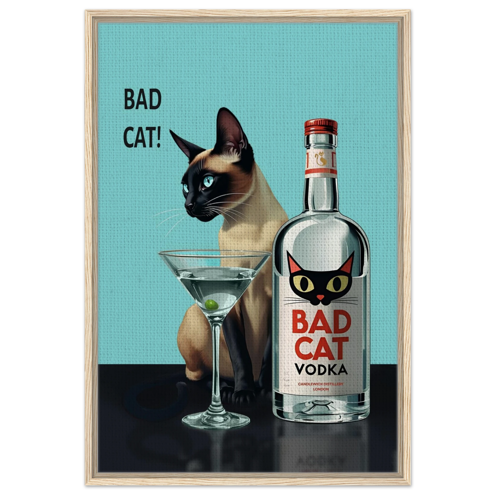 Siamese Cat Retro Martini Cocktail Bar Art Print Light Wood Frame 60x90 cm 24x36″ Framed Canvas