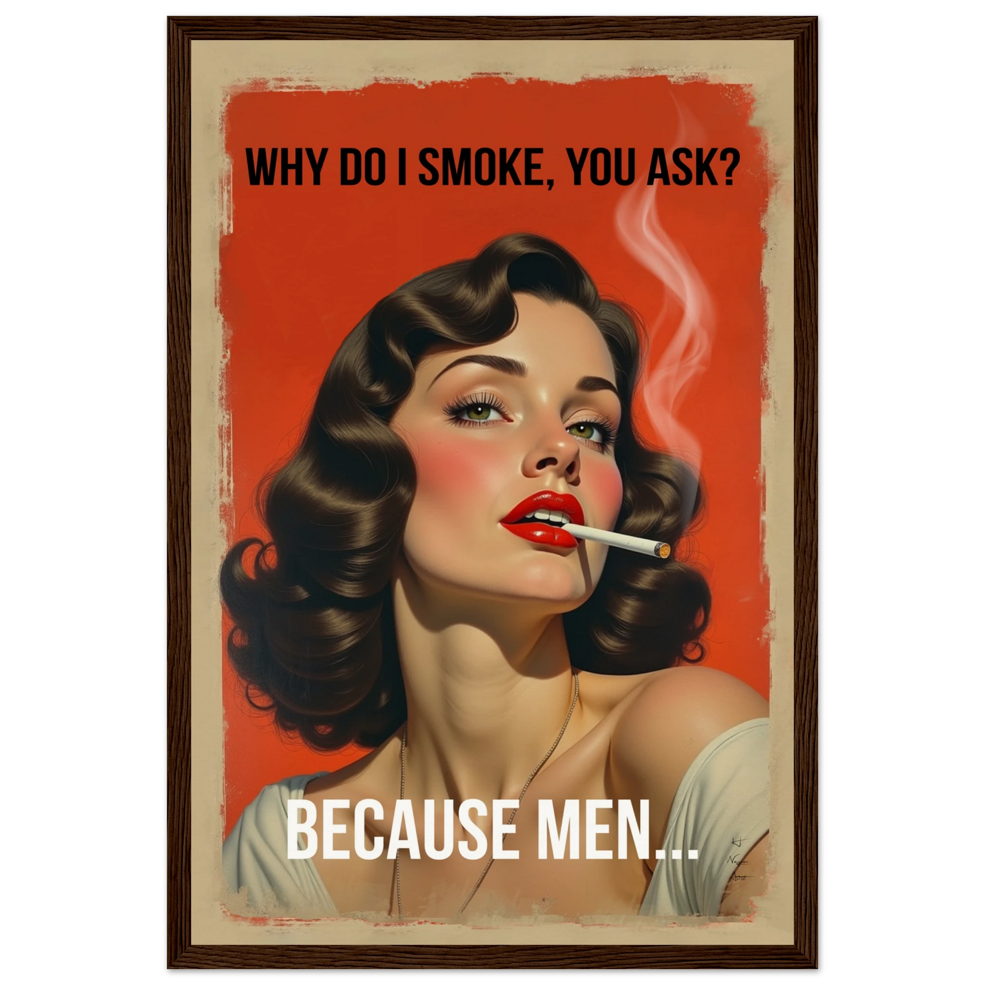 Retro Smoking Pin-Up Girl Art Print Dark Brown Wood Frame 30x45 cm 12x18″ Museum-Quality Matte Paper Wooden Framed Poster