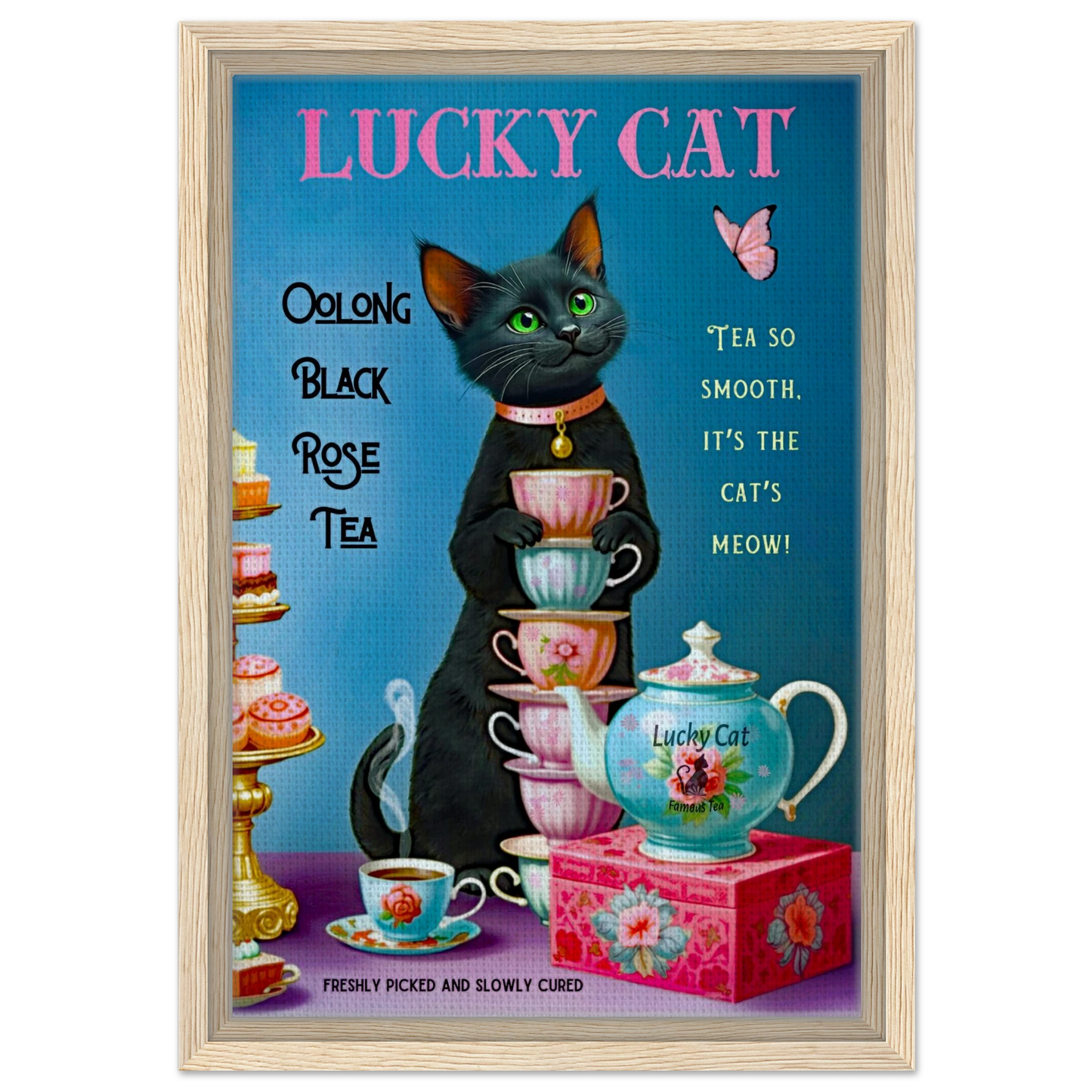 Lucky Cat Vintage Oolong Tea Art Print 30x45 cm 12x18″ Framed Canvas Light Wood Frame