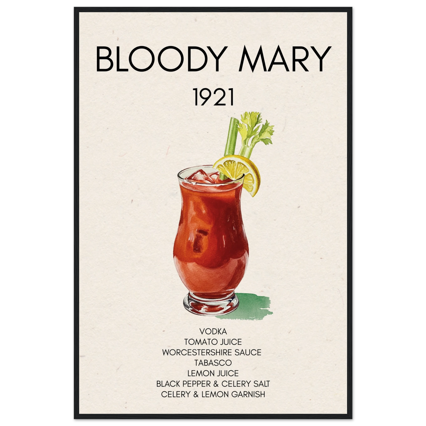 Bloody Mary Cocktail Bar Poster Print Black Wood 60x90 cm 24x36″ Museum-Quality Matte Paper Wooden Framed Poster