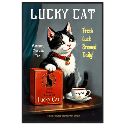 Lucky Tuxedo Cat Tea Kitchen Art Print 60x90 cm 24x36″ Classic Matte Framed Poster Black Wood frame