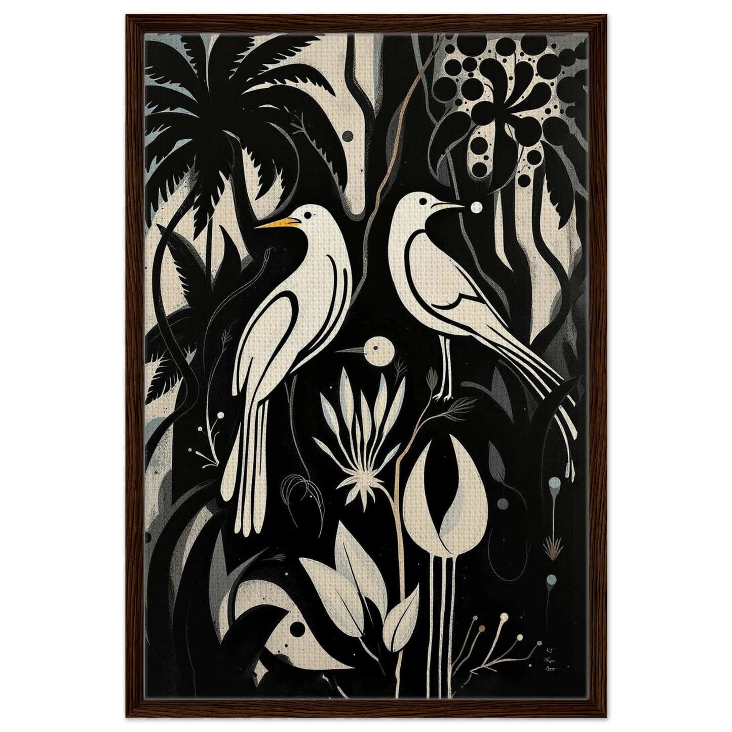 Black & White Minimalist Bird Art Print Dark Brown Wood Frame 60x90 cm 24x36″ Framed Canvas