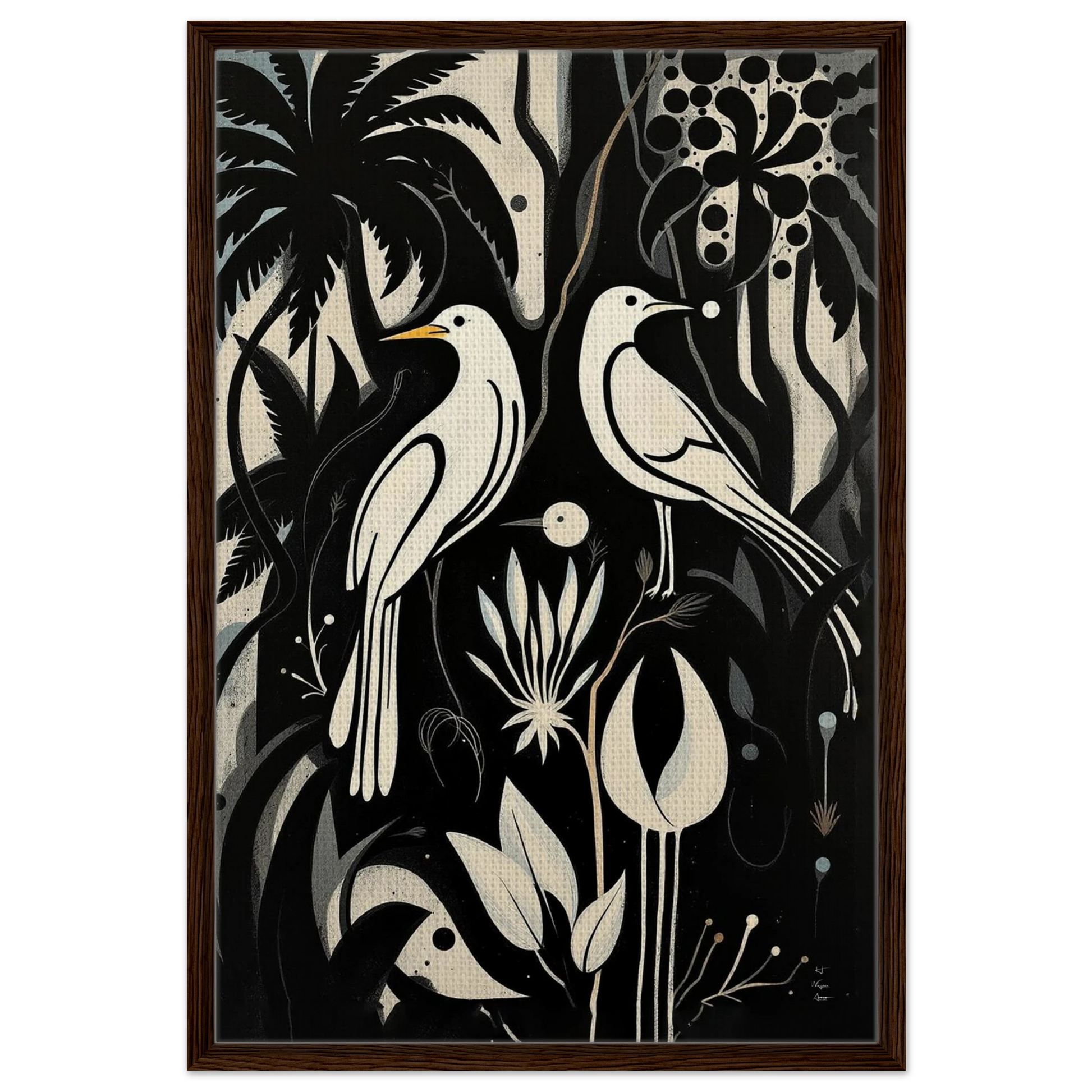 Black & White Minimalist Bird Art Print Dark Brown Wood Frame 60x90 cm 24x36″ Framed Canvas