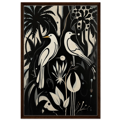 Black & White Minimalist Bird Art Print Dark Brown Wood Frame 60x90 cm 24x36″ Framed Canvas