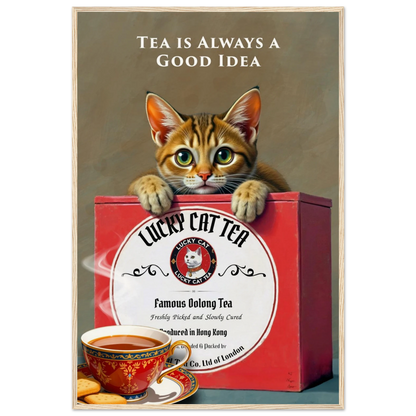 Tabby Lucky Cat Tea Vintage Kitchen Art Print Light Wood Frame 60x90 cm 24x36″ Museum-Quality Matte Paper Wooden Framed Poster