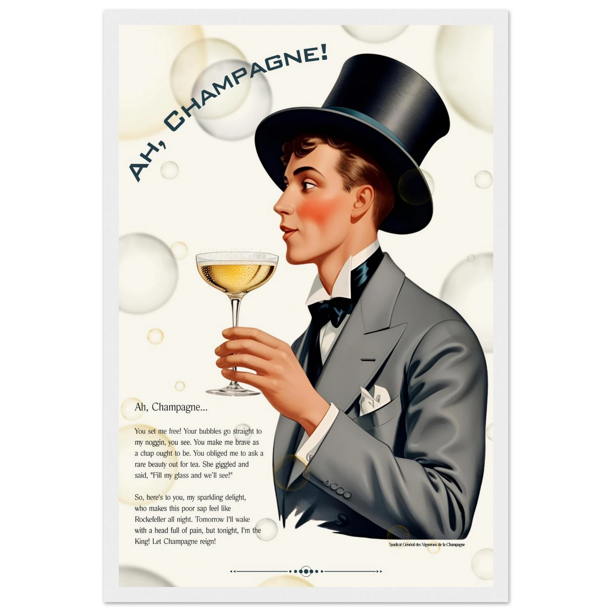 Art Deco Champagne Funny Poem Art Print 30x45 cm 12x18″ Classic Matte Paper Wooden Framed Poster White frame