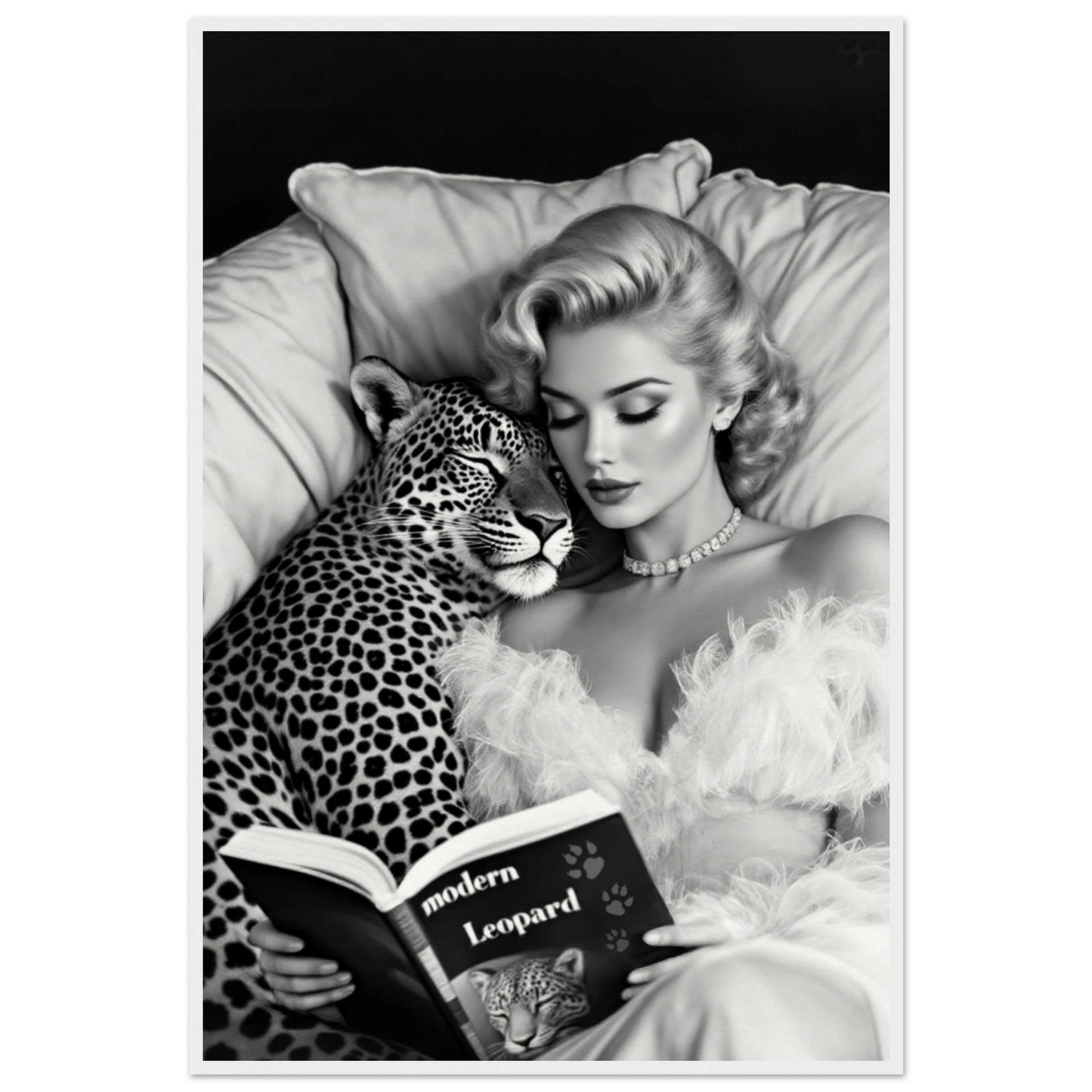 Hollywood Starlet Leopard Cat Art Print 60x90 cm 24x36″ Museum-Quality Matte Paper Wooden Framed Poster White Wood Frame