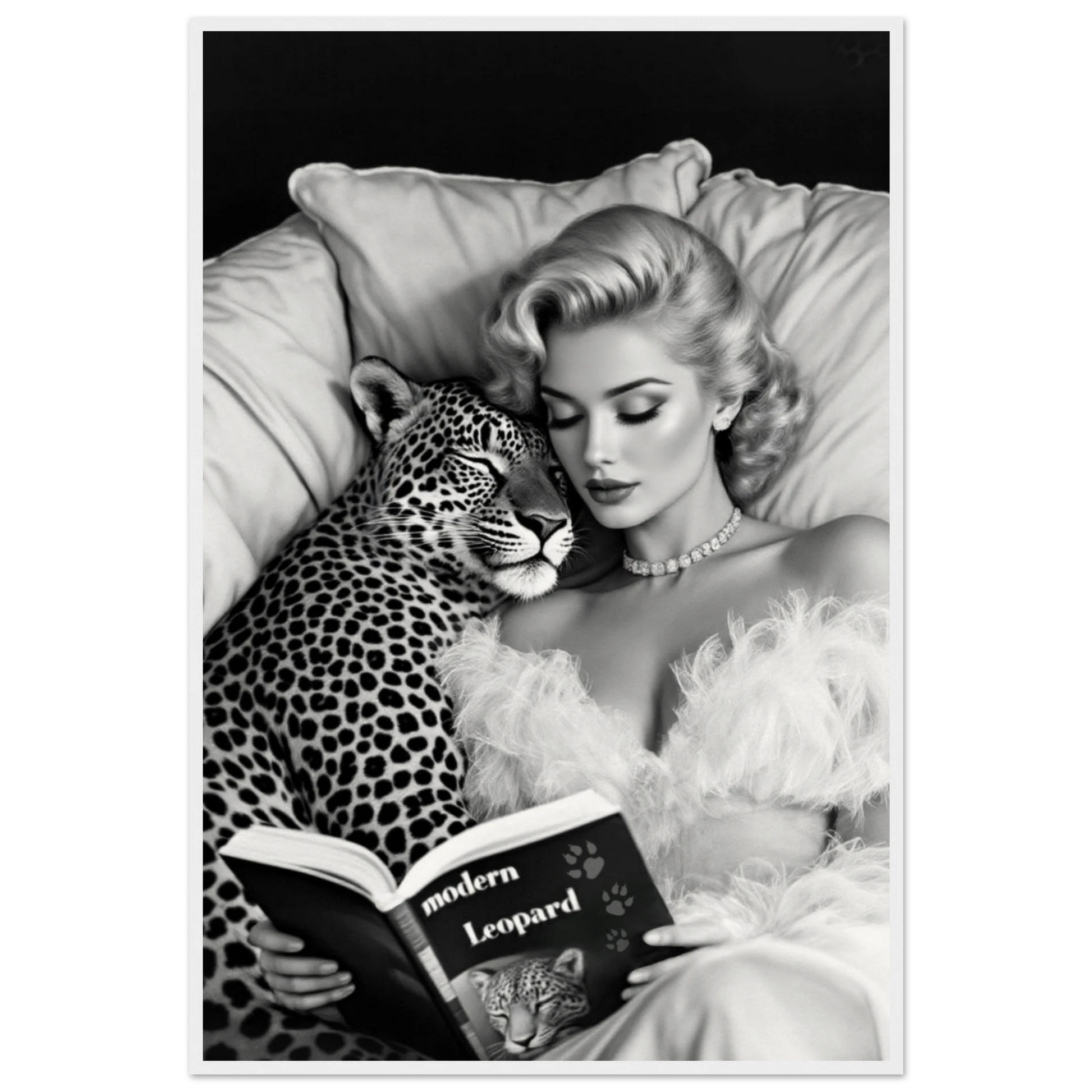 Hollywood Starlet Leopard Cat Art Print 60x90 cm 24x36″ Museum-Quality Matte Paper Wooden Framed Poster White Wood Frame