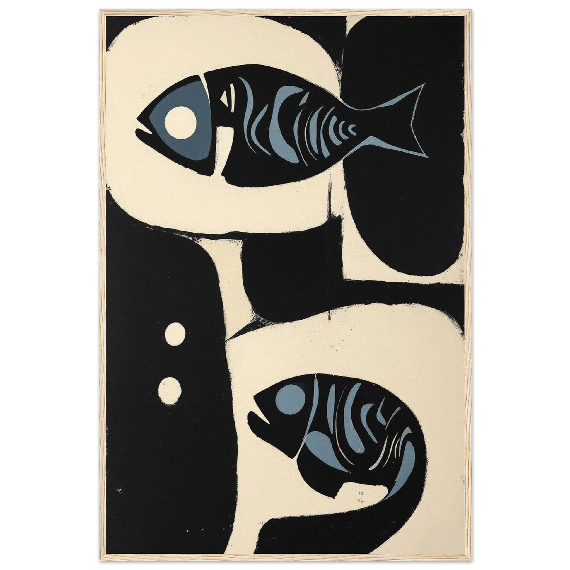 Abstract Mid-Century Modern Fish Art Print Light Wood Frame 60x90 cm 24x36″ Premium Matte Wooden Framed Poster