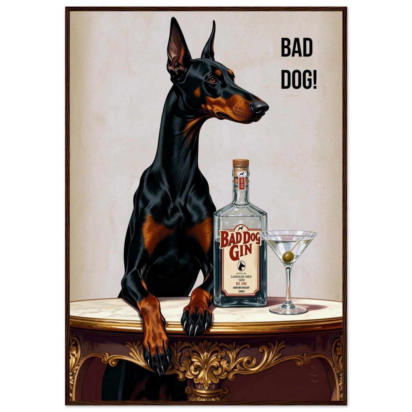 Bad Dog Gin Cocktail Bar Art Print 70x100 cm 28x40″ Museum-Quality Matte Framed Poster Dark Brown Wood Frame