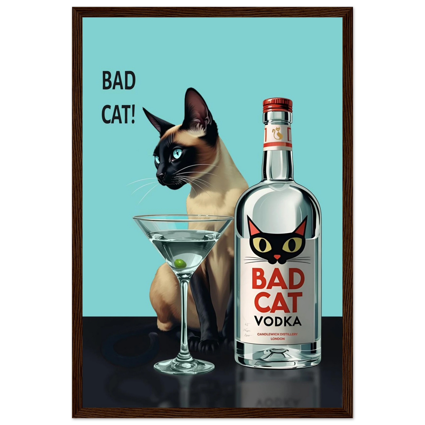 Siamese Cat Retro Martini Cocktail Bar Art Print Black Wood Frame 60x90 cm 24x36″ Framed Canvas