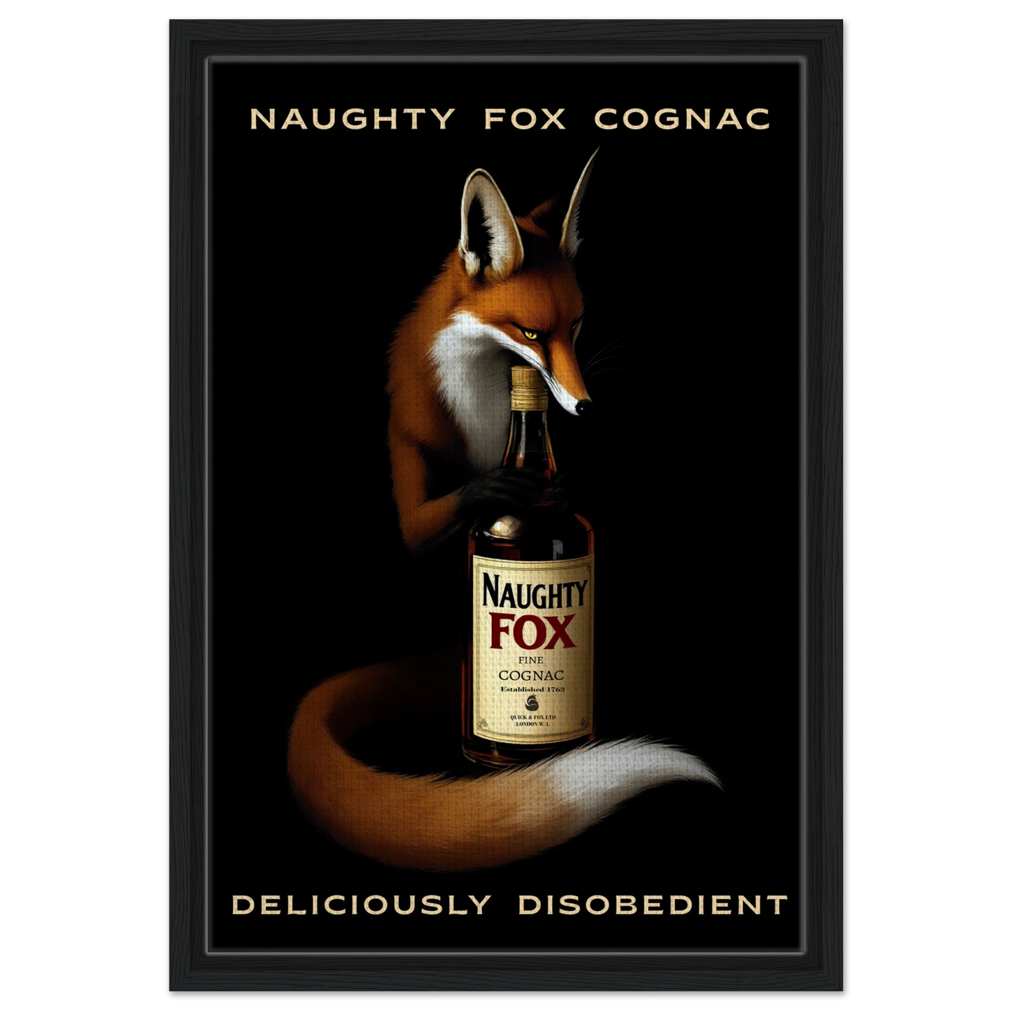 Fox Cognac Cocktail Bar Art Print Black Wood Frame 40x60 cm 16x24″ Framed Canvas