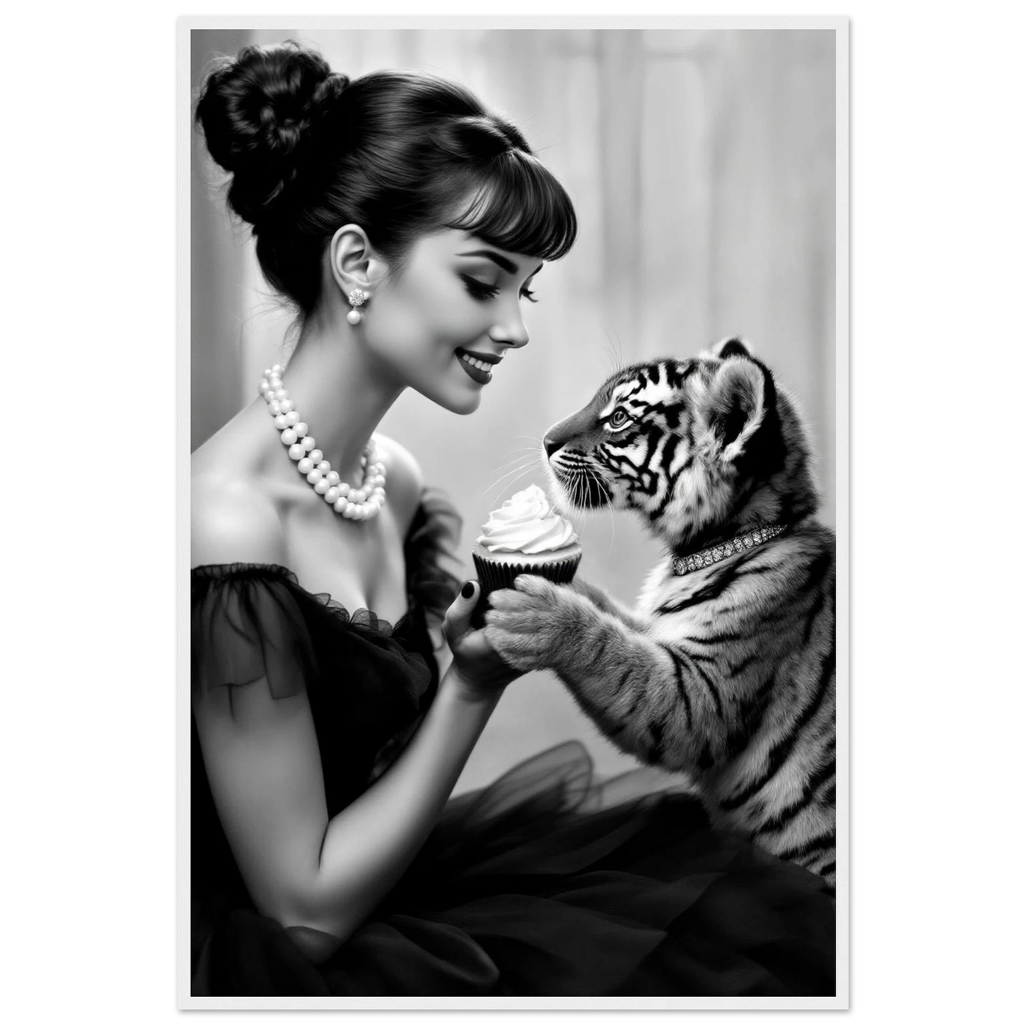 Audrey Hepburn Tiger Cub Art Print White Wood Frame 60x90 cm 24x36″ Classic Matte Paper Wooden Framed Poster