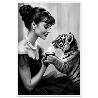 Audrey Hepburn Tiger Cub Art Print White Wood Frame 60x90 cm 24x36″ Classic Matte Paper Wooden Framed Poster