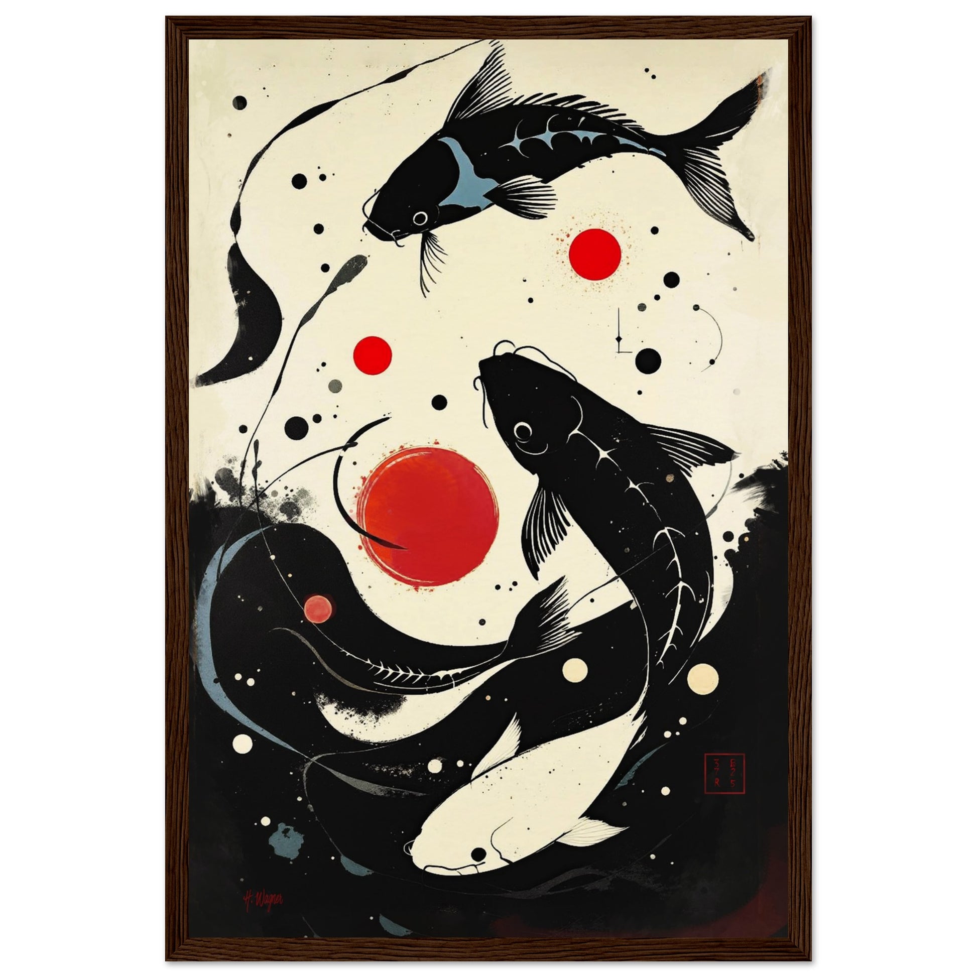 Mid-Century Modern Koi Fish Art Poster Print – Framed Abstract Black White Wall Décor 30x45 cm 12x18″ Museum-Quality Matte Framed Poster Dark Brown Wood Frame
