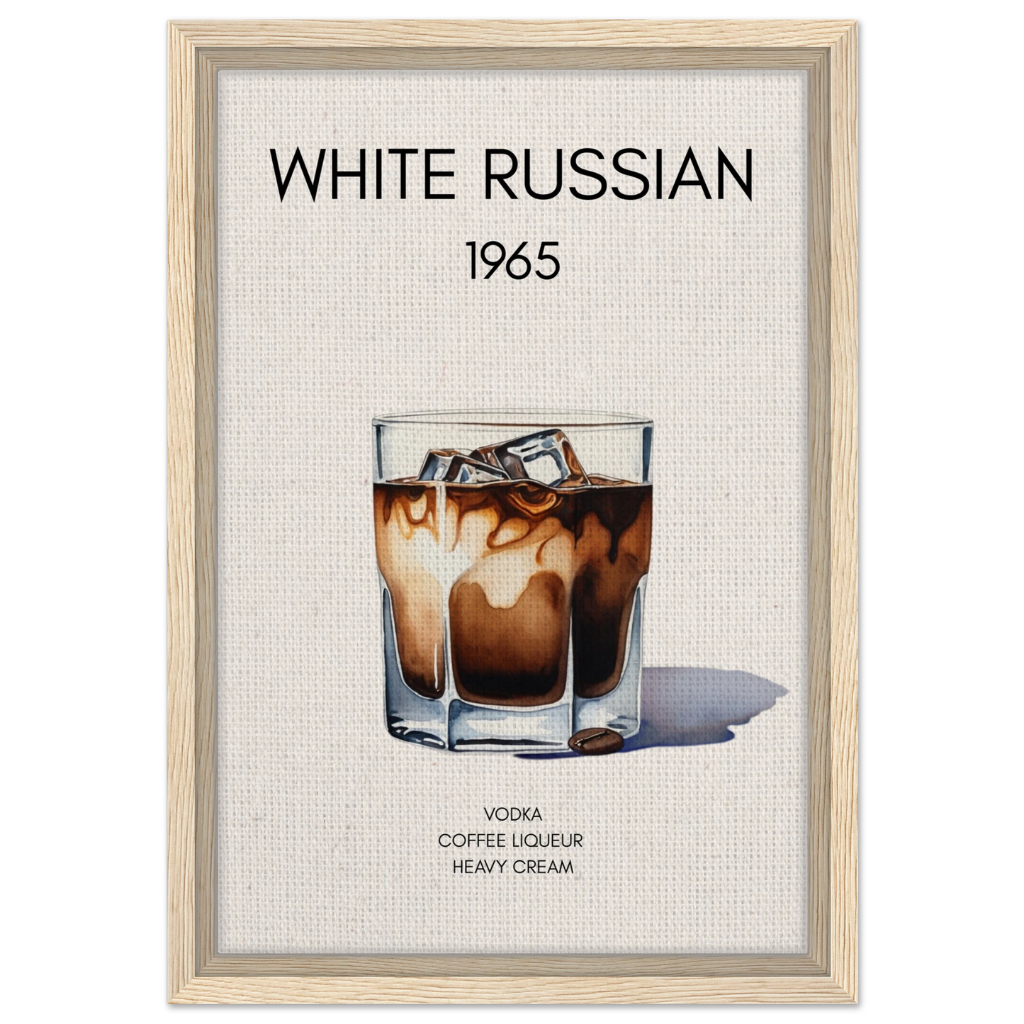 White Russian Cocktail Bar Art Poster Print Light Wood Frame 30x45 cm 12x18″ Framed Canvas