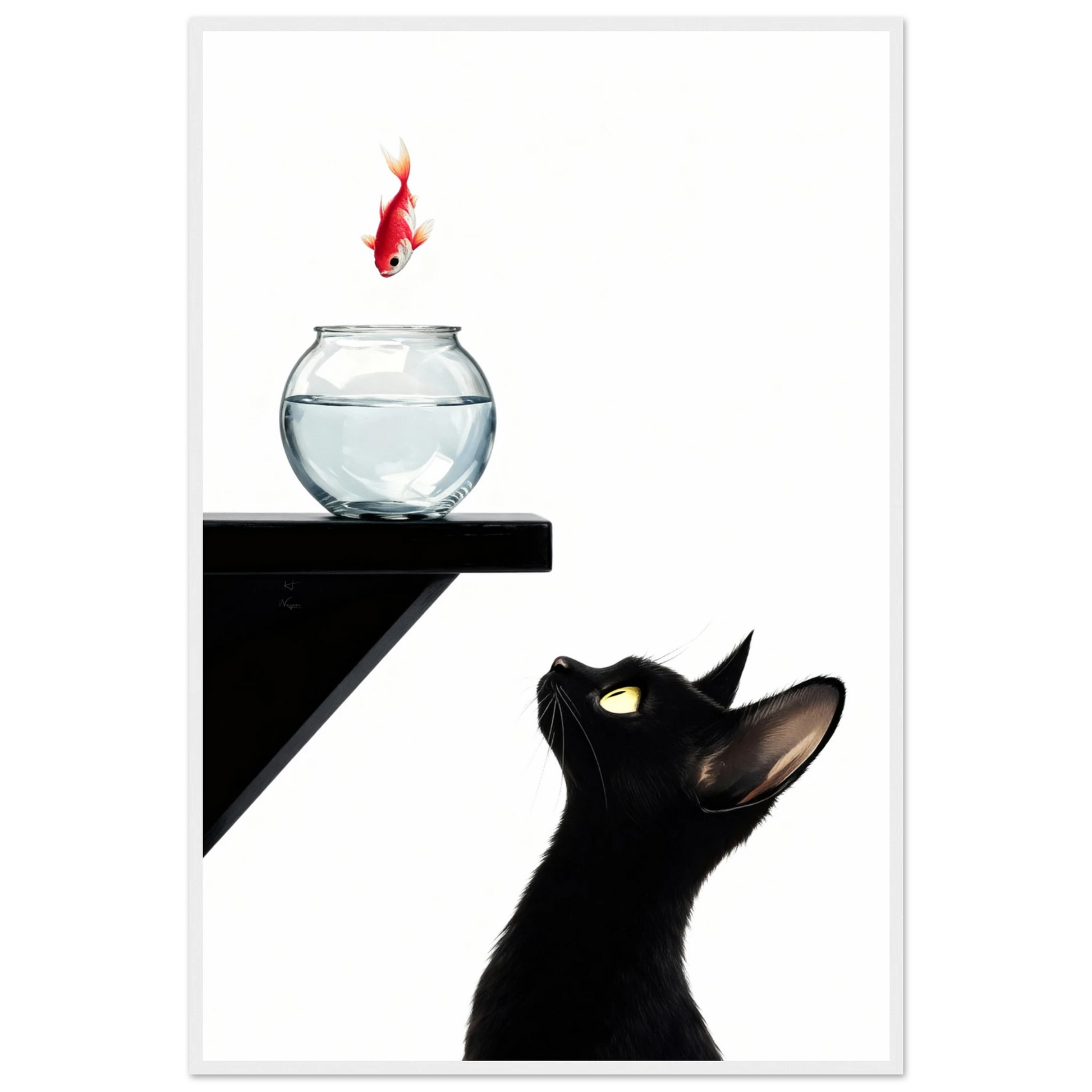 Curious Black Cat Goldfish Minimalist Art Print 60x90 cm 24x36″ Premium Matte Framed Poster - White Wood