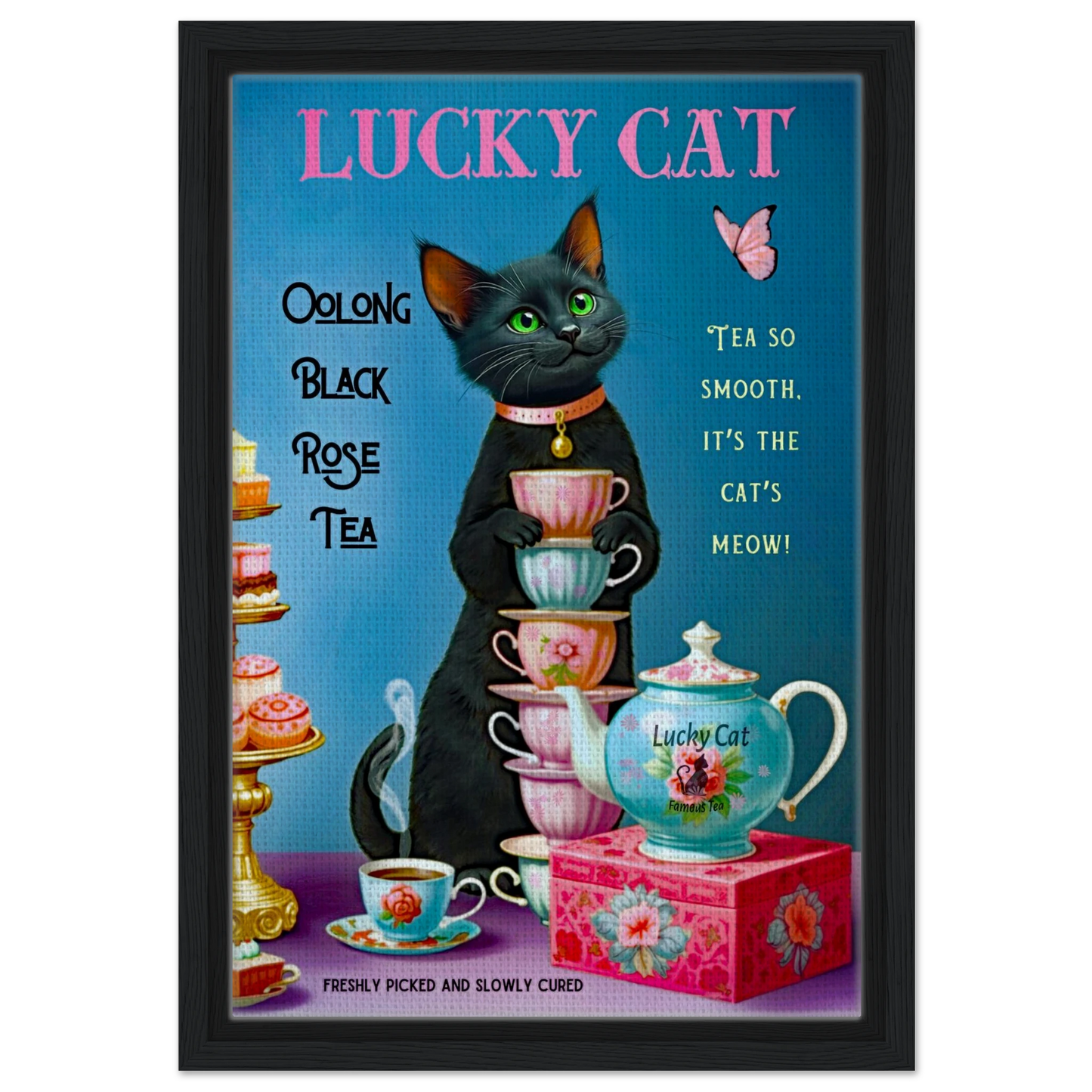 Lucky Cat Vintage Oolong Tea Art Print 30x45 cm 12x18″ Framed Canvas Black Wood frame