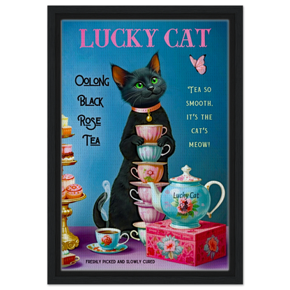 Lucky Cat Vintage Oolong Tea Art Print 30x45 cm 12x18″ Framed Canvas Black Wood frame