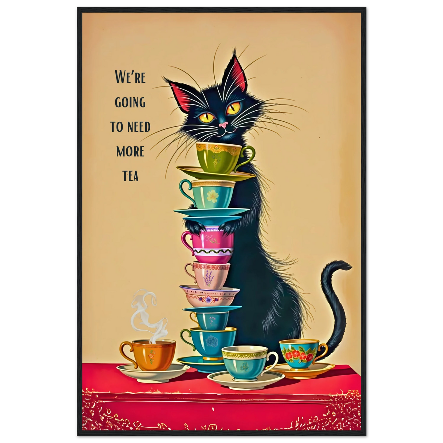Quirky Cat Funny Tea Art Print 60x90 cm 24x36″ Premium Matte Paper Wooden Framed Poster Black Wood frame