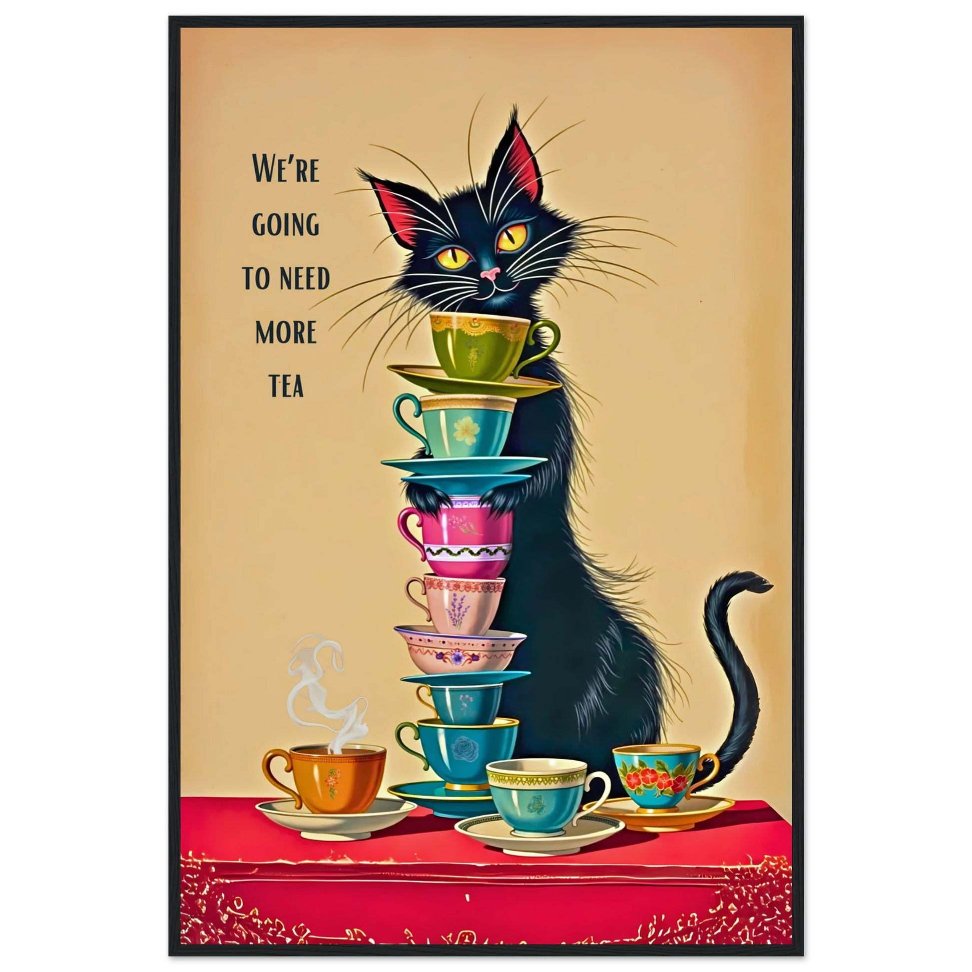 Quirky Cat Funny Tea Art Print 60x90 cm 24x36″ Premium Matte Paper Wooden Framed Poster Black Wood frame