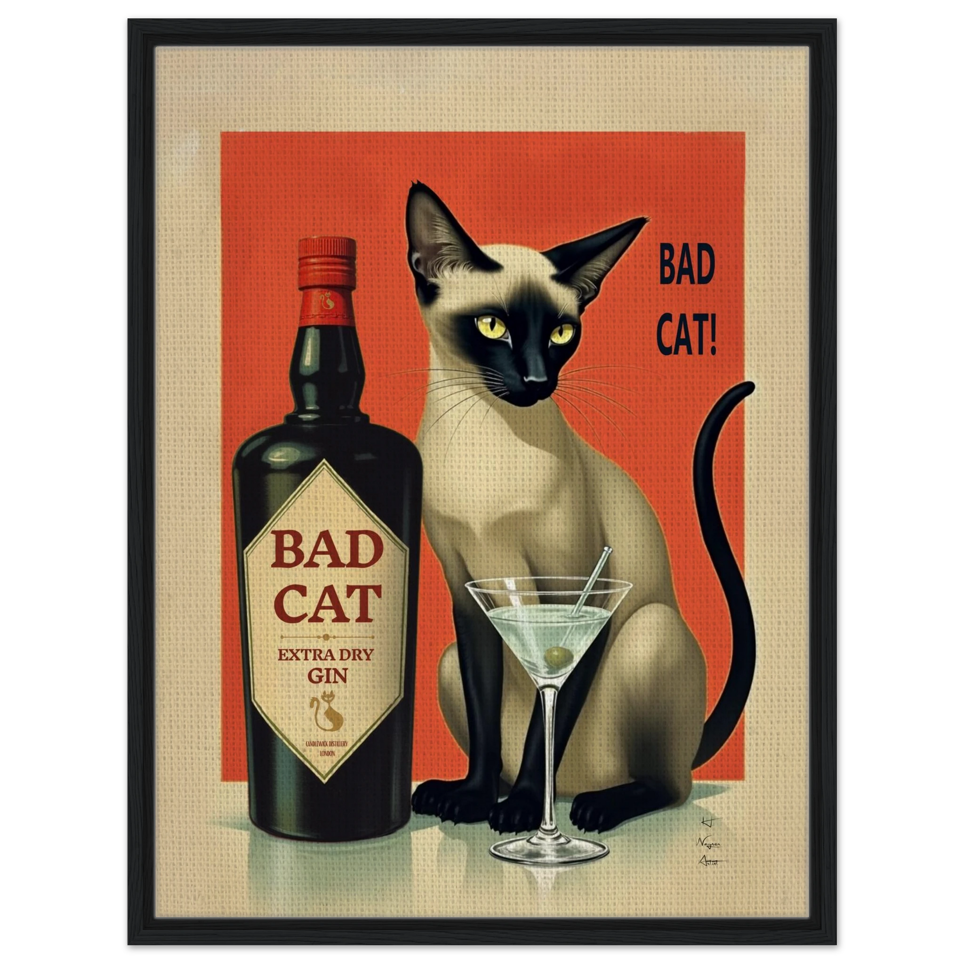 Siamese Cat Gin Martini Cocktail Art Print 27x35 cm 11x14″ Gallery Wrapped Canvas No Frame