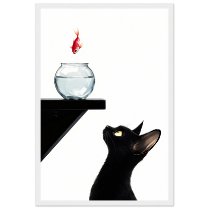 Curious Black Cat Goldfish Minimalist Art Print 40x60 cm 16x24″ Premium Matte Framed Poster - Black Wood