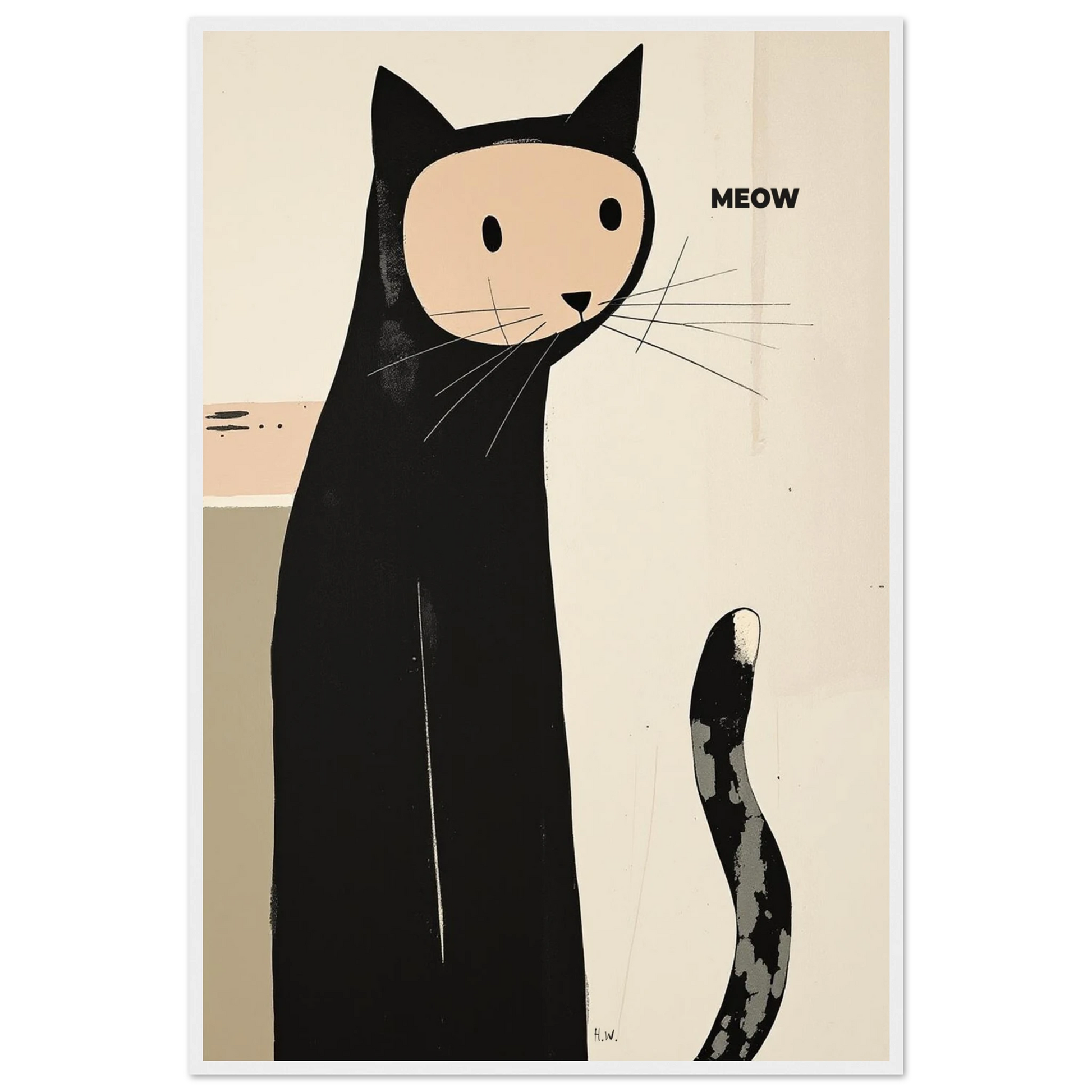Quirky Modern Cat Art Poster Print 60x90 cm 24x36″ Classic Matte Paper Wooden Framed Poster White Wood Frame