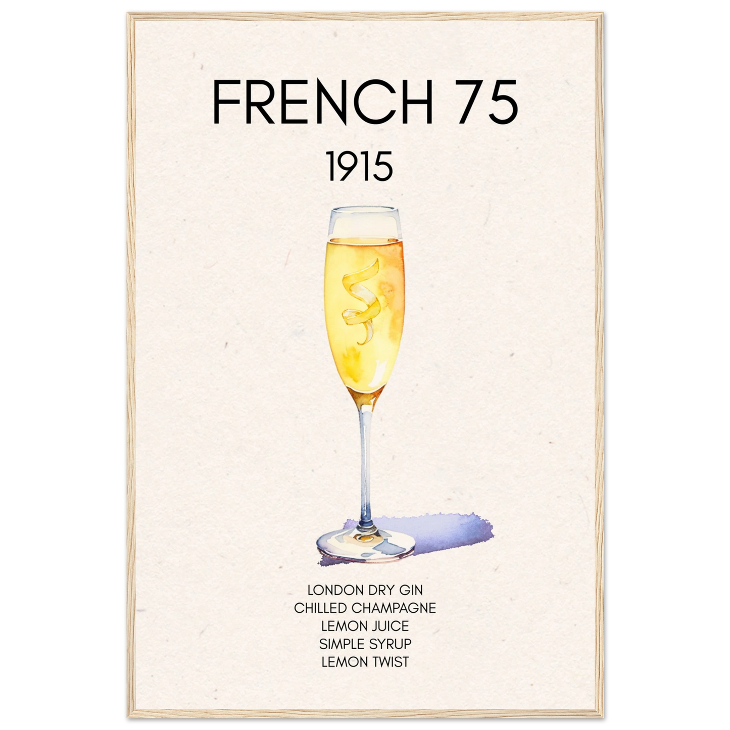 French 75 Cocktail Art Print Light Wood Frame 60x90 cm 24x36″ Premium Matte Paper Wooden Framed Poster