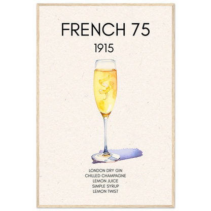 French 75 Cocktail Art Print Light Wood Frame 60x90 cm 24x36″ Premium Matte Paper Wooden Framed Poster