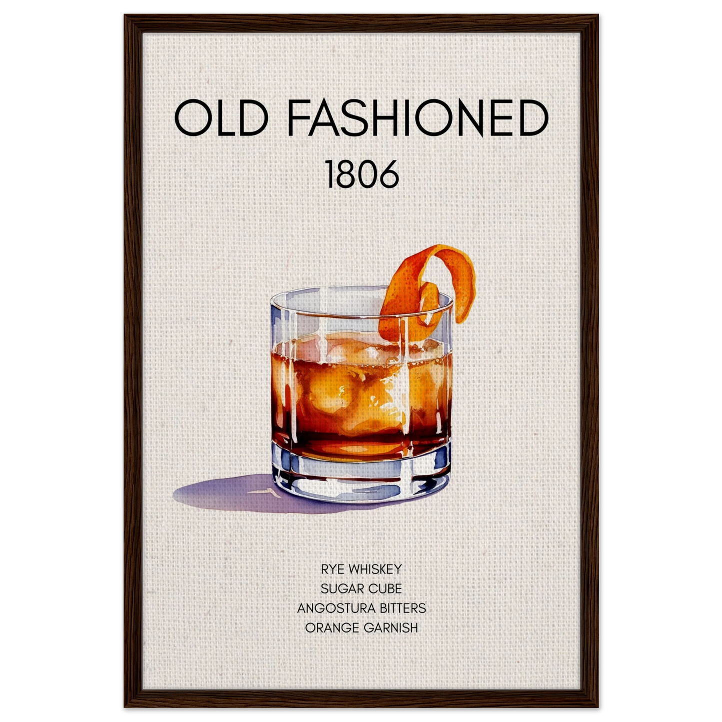 Classic Old Fashioned Cocktail Bar Poster Print Dark Brown Wood Frame 60x90 cm 24x36″ Framed Canvas
