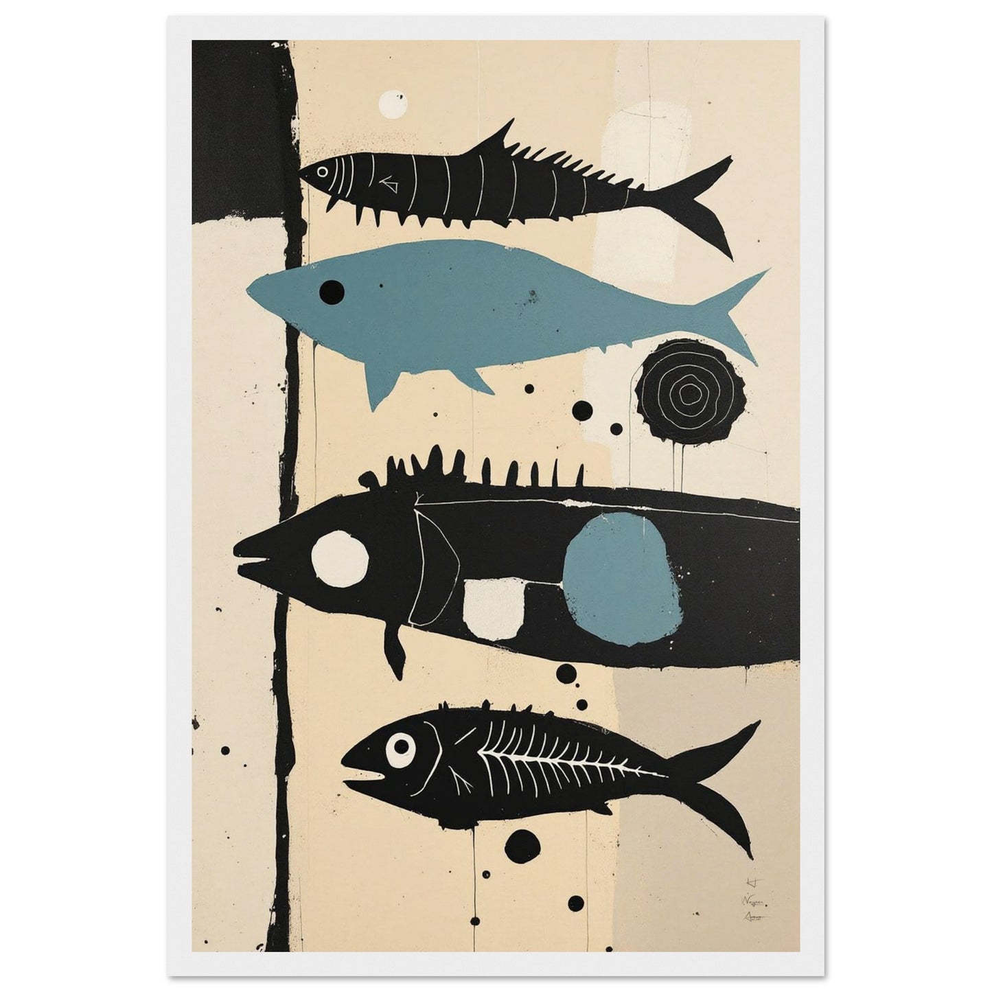 Mid-Century Modern Fish Art Poster Print – Framed Abstract Neutral Wall Decor Dark Brown Wood Frame 30x45 cm 12x18″ Framed Canvas