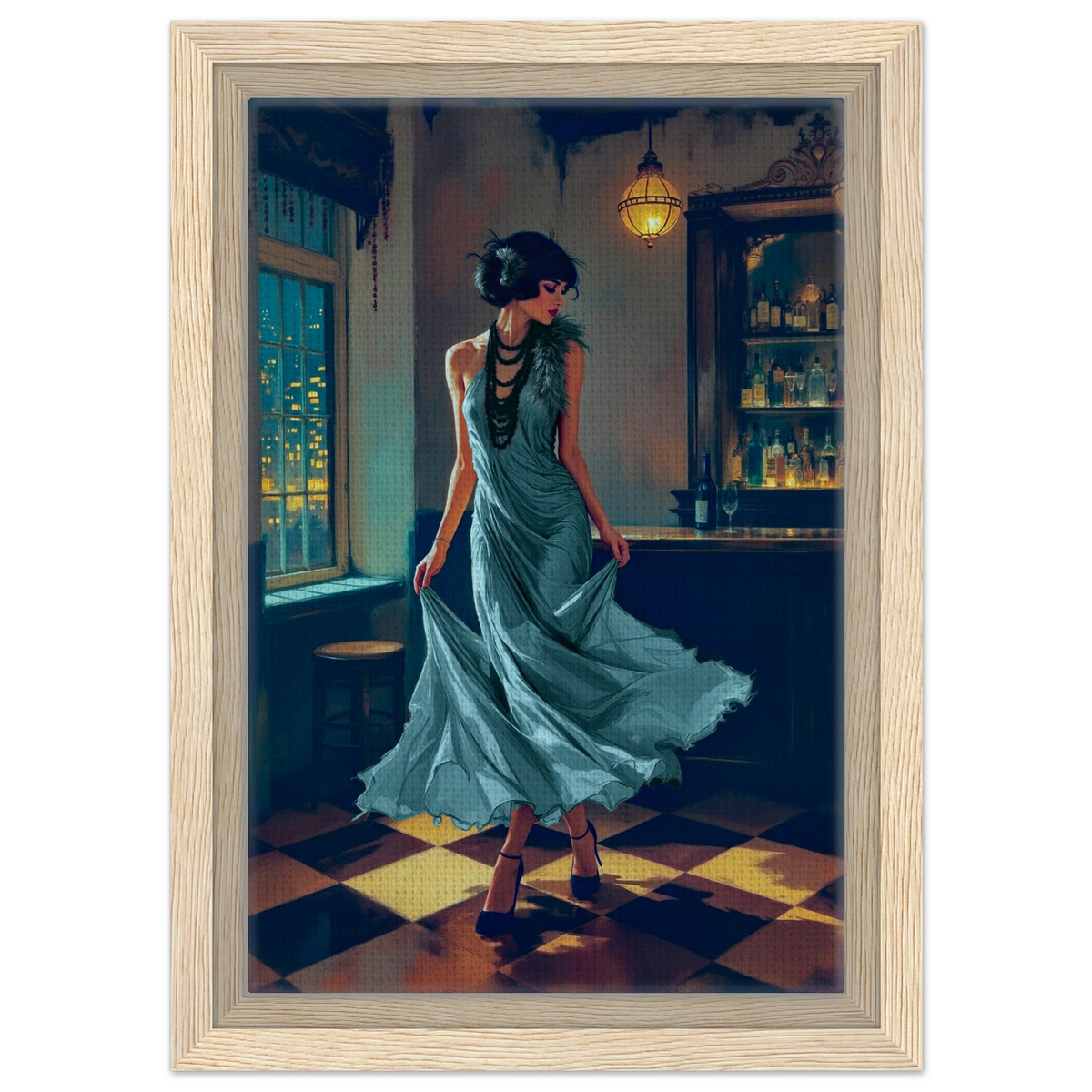 1920s Moonlit Flapper Speakeasy Art Print 20x30 cm 8x12″ Framed Canvas Light Wood Frame