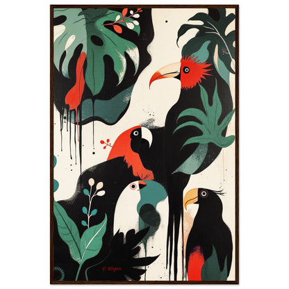 Mid-Century Modern Exotic Bird Art Poster Print - Framed Tropical Parrot Wall Décor Dark Brown Wood Frame 60x90 cm 24x36″ Premium Matte Wooden Framed Poster