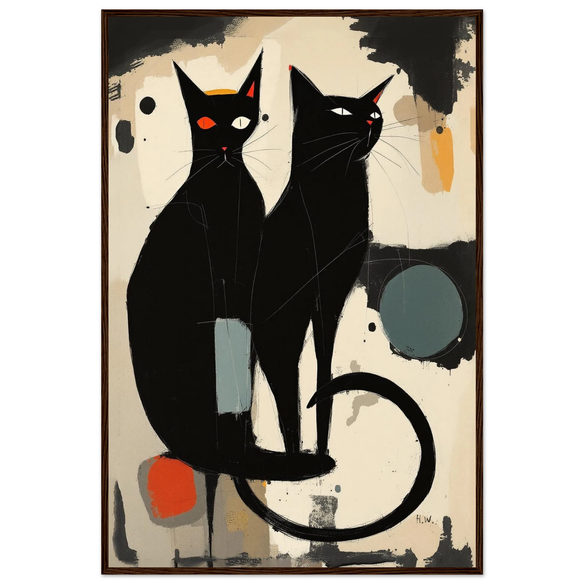 Abstract Crazy Cat Duo Art Print Dark Brown Wood Frame 60x90 cm 24x36″ Classic Matte Paper Wooden Framed Poster