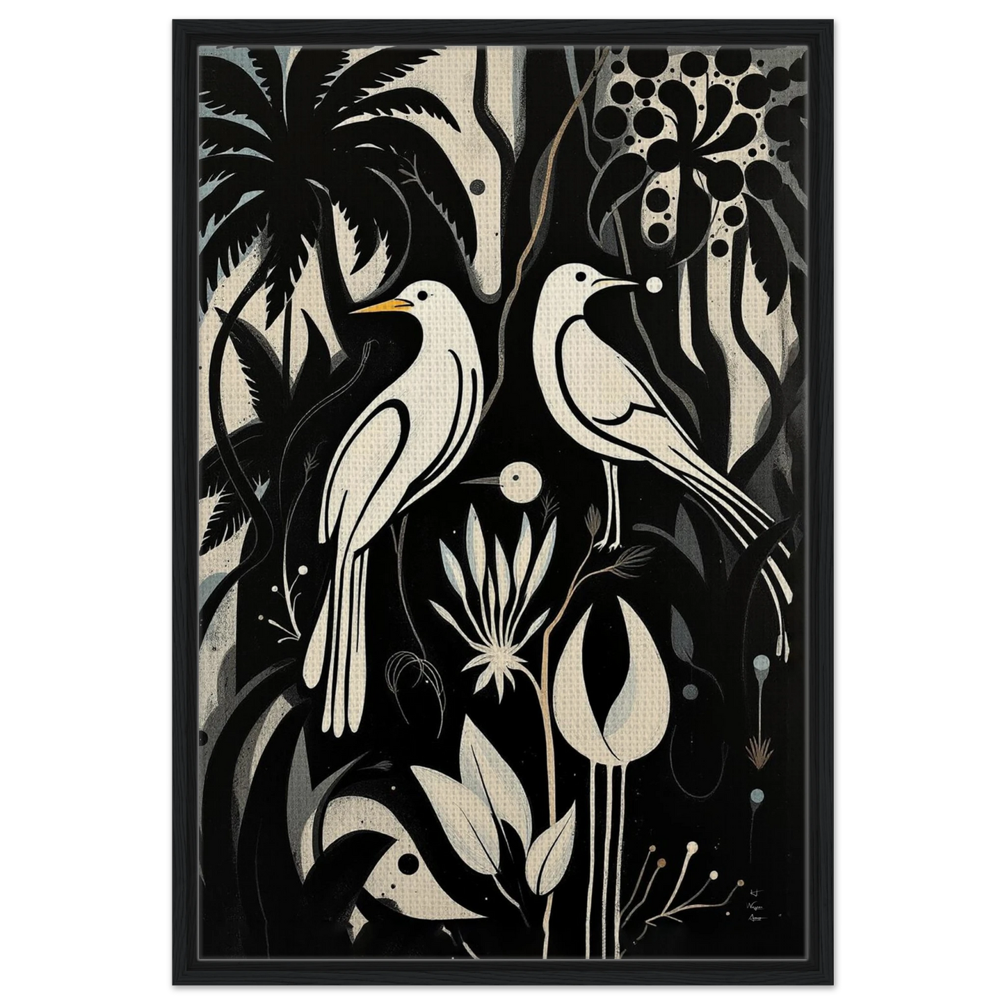 Black & White Minimalist Bird Art Print Black Wood Frame 60x90 cm 24x36″ Framed Canvas