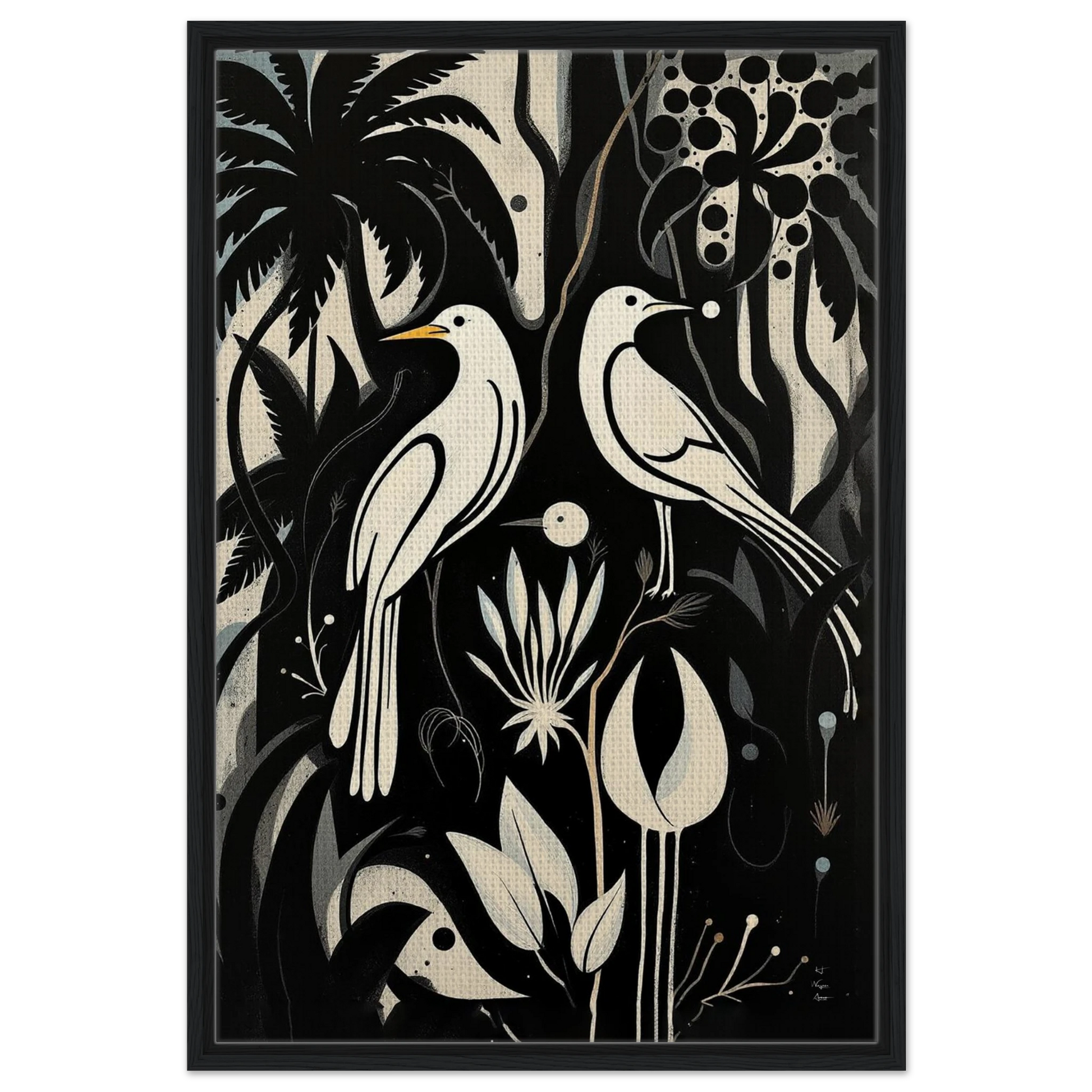 Black & White Minimalist Bird Art Print Black Wood Frame 60x90 cm 24x36″ Framed Canvas