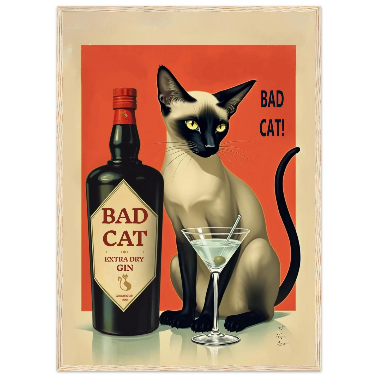Siamese Cat Gin Martini Cocktail Art Print 50x70 cm 20x28″ Classic Matte Paper Wooden Framed Poster Light Wood Frame