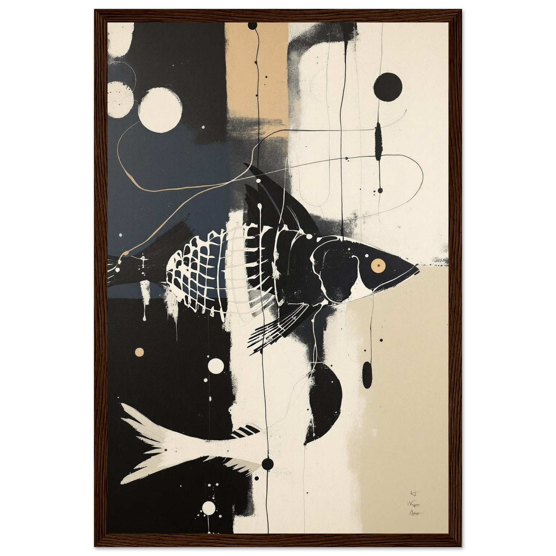 Abstract Fish Art Poster Print – Framed Modern Neutral Wall Décor Dark Brown Wood Frame 30x45 cm 12x18″ Classic Matte Framed Poster