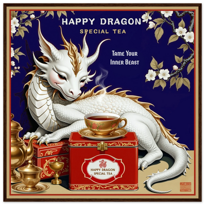 Happy Dragon Tea Art Print 70x70 cm 28x28″ Premium Matte Paper Wooden Framed Poster Dark Brown Wood Frame