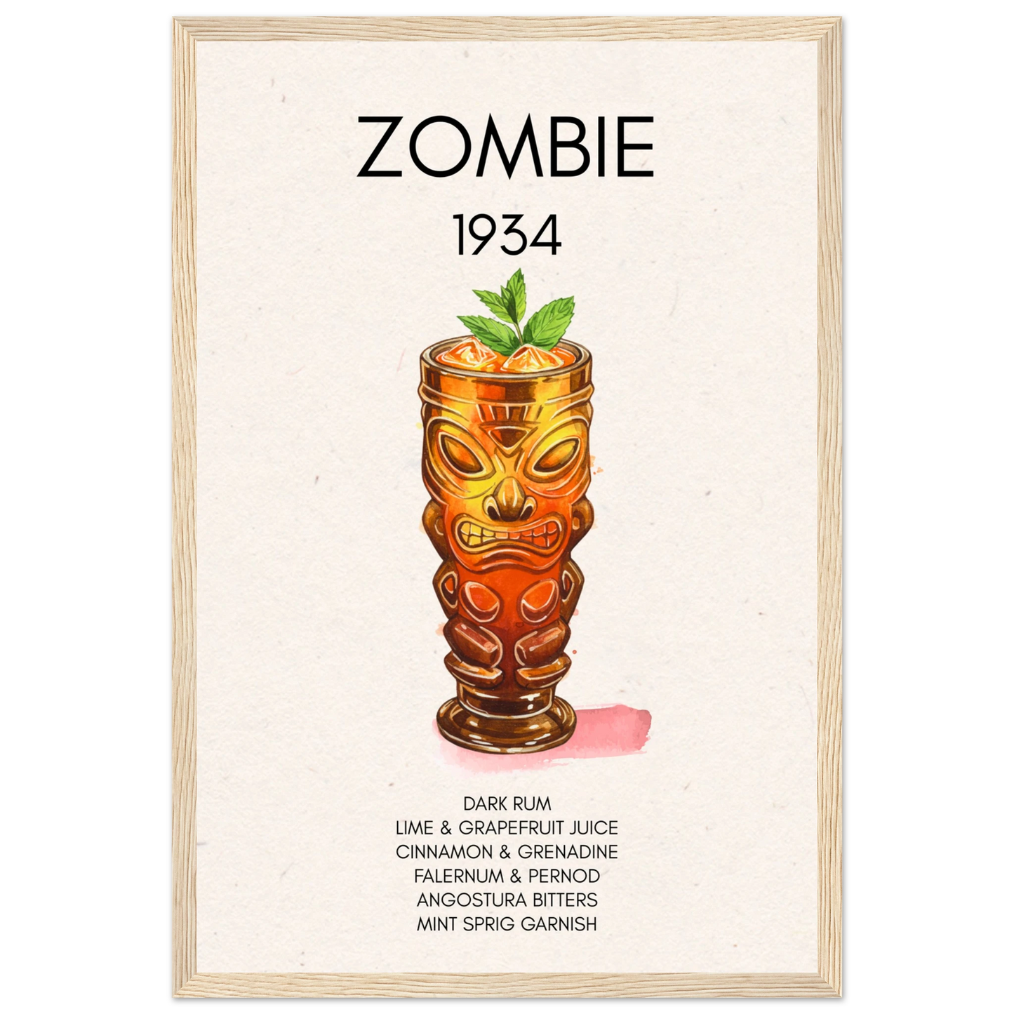 Zombie Tiki Cocktail Bar Poster Print Light Wood Frame 30x45 cm 12x18″ Premium Matte Paper Wooden Framed Poster
