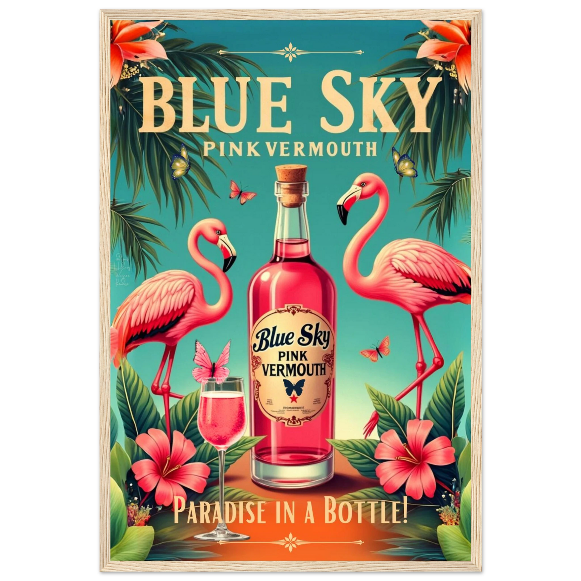 Vintage Pink Flamingo Tiki Bar Art Print 40x60 cm 16x24″ Premium Semi-Glossy Paper Wooden Framed Poster Light Wood Frame
