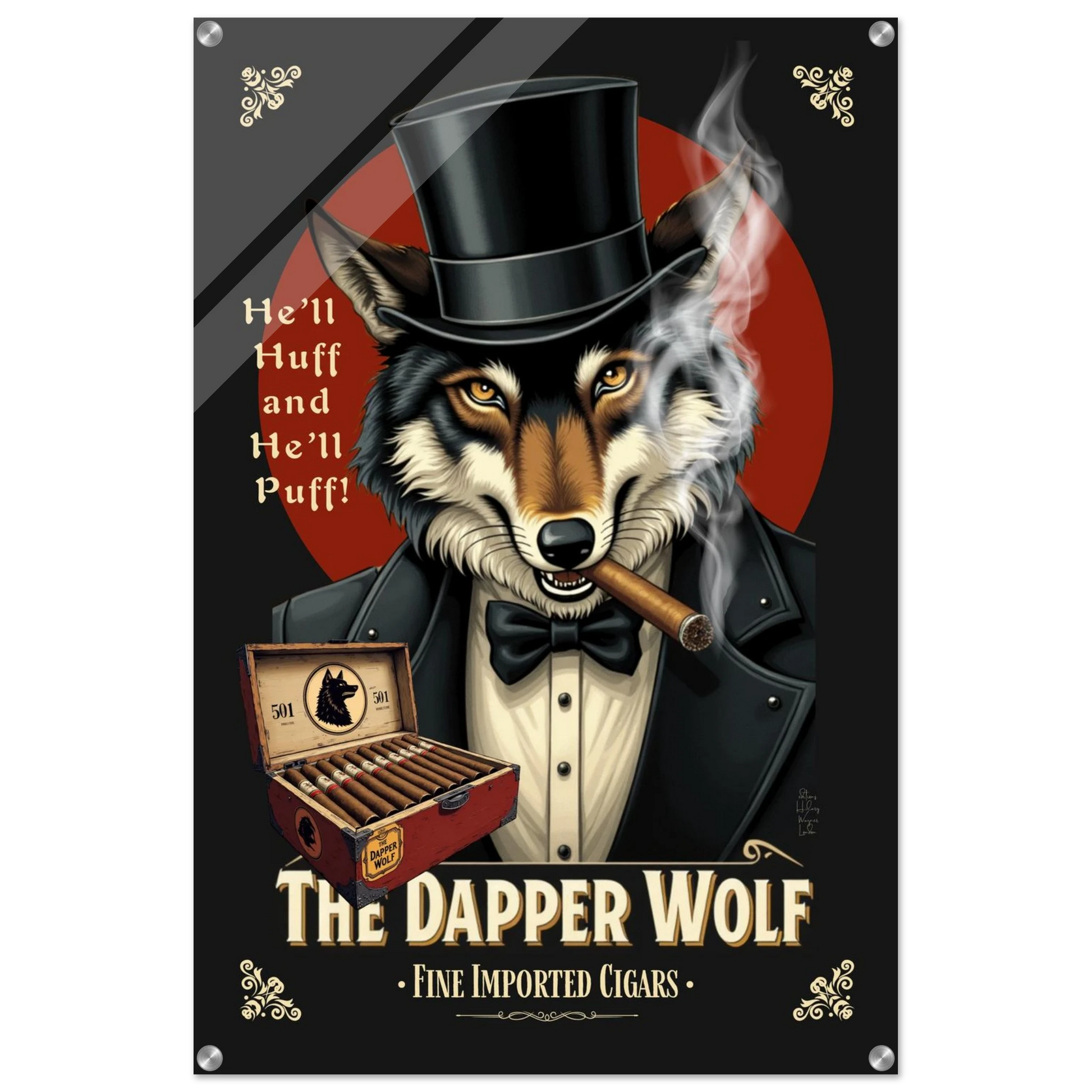 Smoking Wolf Speakeasy Cigar Art Print 60x90 cm 24x36″ Sleek Acrylic Print No Frame