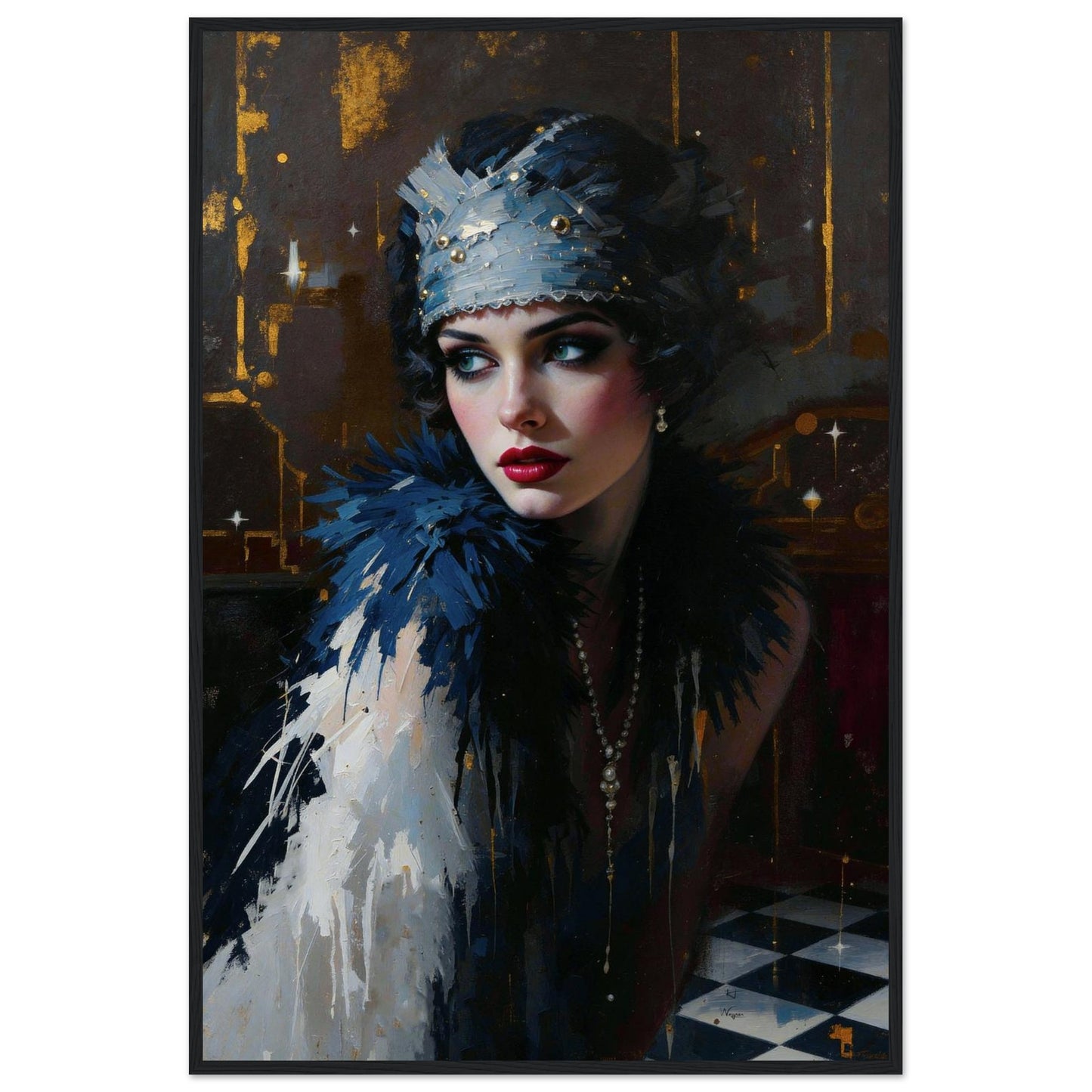 1920s Gatsby Flapper Painting Art Print - Speakeasy Prohibition Wall Decor 24x36″ Premium Matte Framed Poster - Black Wood