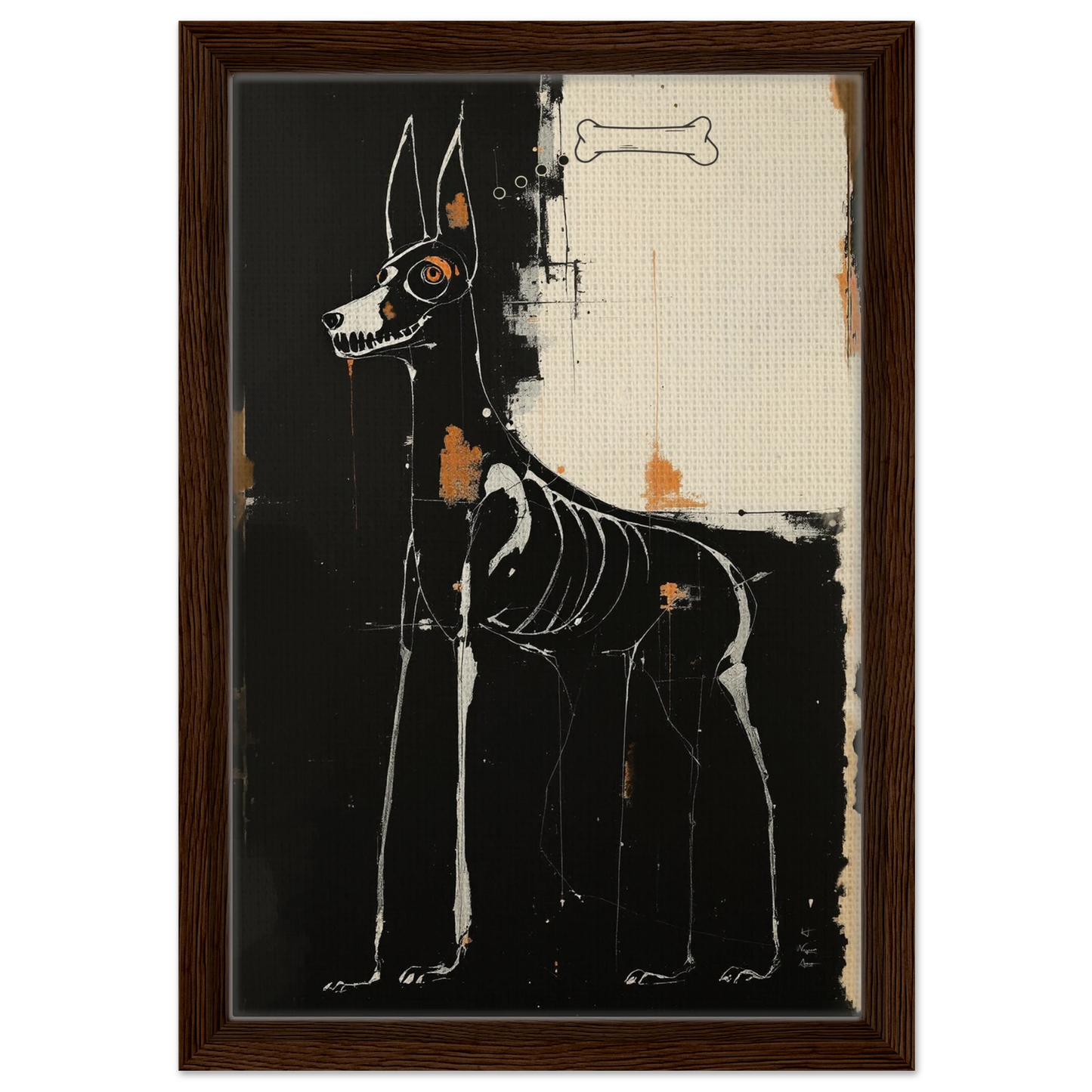 X-ray Skeleton Dog Abstract Art Poster Print 30x45 cm 12x18″ Framed Canvas Dark Brown Wood Frame