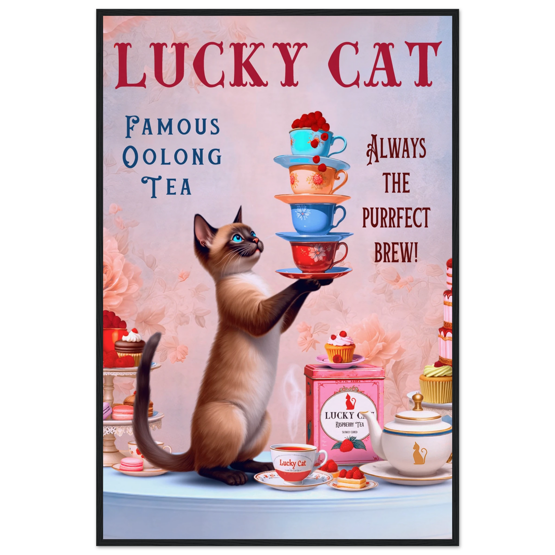 Siamese Lucky Cat Vintage Tea Art Print 60x90 cm 24x36″ Museum-Quality Matte Paper Wooden Framed Poster Black Wood Frame