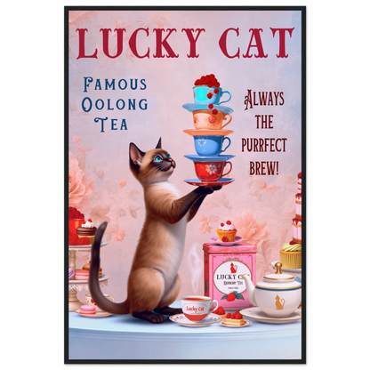 Siamese Lucky Cat Vintage Tea Art Print 60x90 cm 24x36″ Museum-Quality Matte Paper Wooden Framed Poster Black Wood Frame