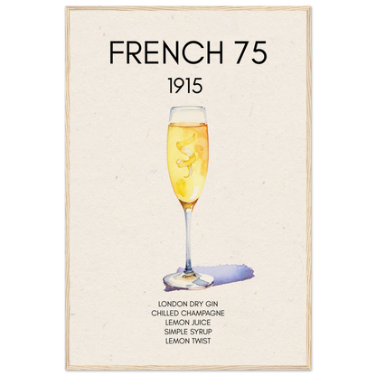 French 75 Cocktail Art Print Light Wood Frame 60x90 cm 24x36″ Museum-Quality Matte Paper Wooden Framed Poster