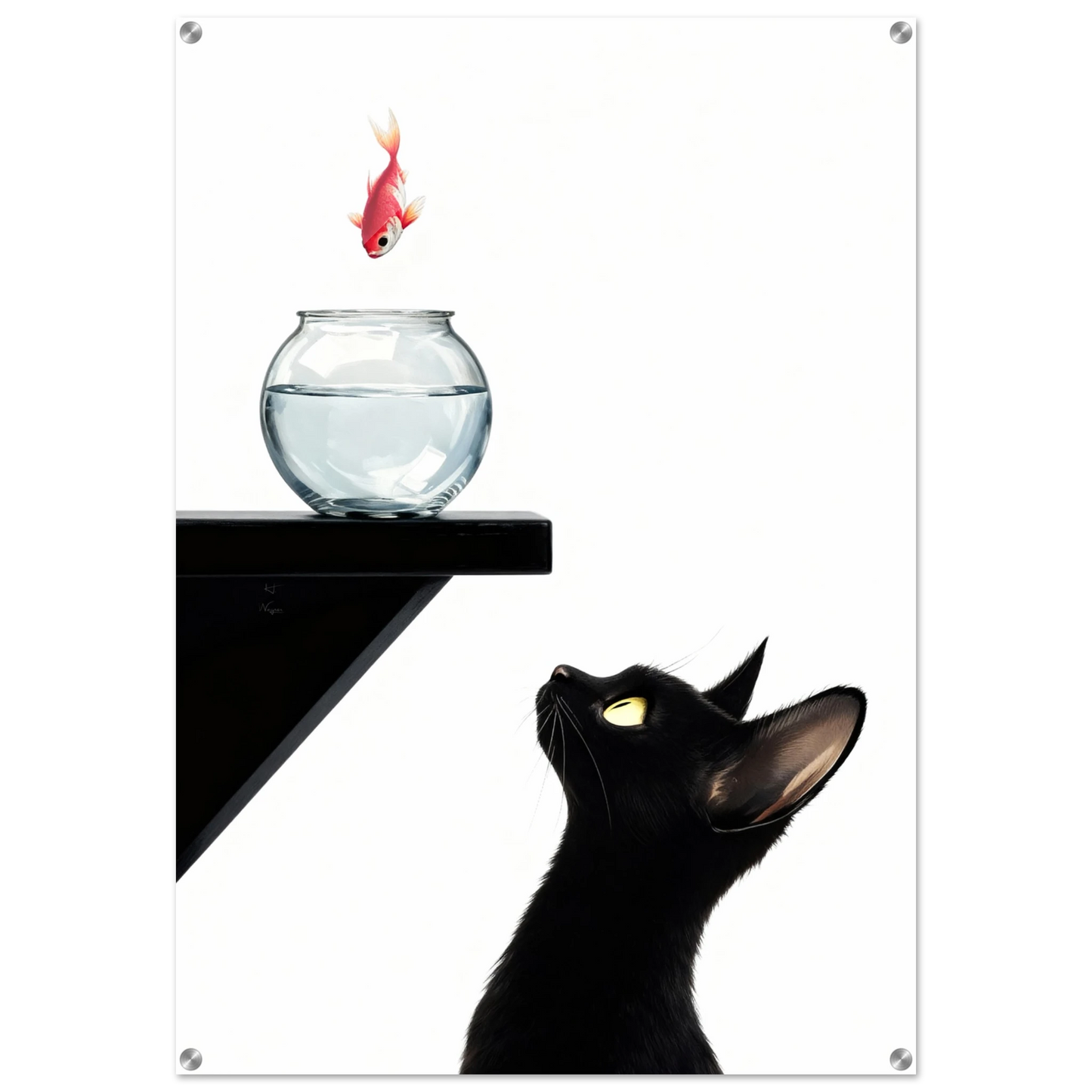 Curious Black Cat Goldfish Minimalist Art Print 70x100 cm 28x40″ Sleek Acrylic Print
